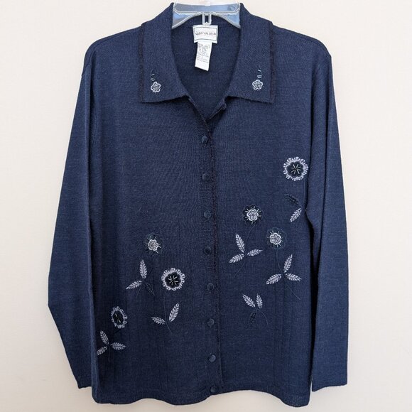 Napa Valley blue beaded floral button up lightweight cardigan Large EUC - Picture 1 of 9